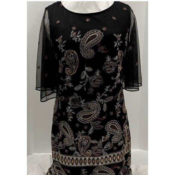 Adrianna Papell 3/4 Sheer Sleeve Beaded Embroidered Black Flower Dress Sz 6 - Picture 2 of 15